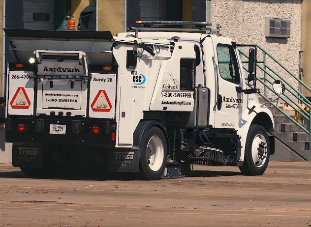 Aardvark sweeper truck at an industrial site